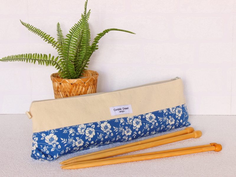 Knitting needle storage- blue white floral