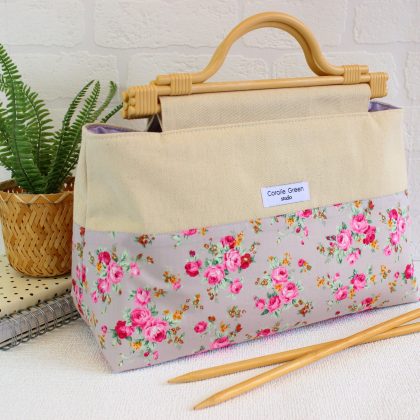 Large knitting bag- grey pink roses