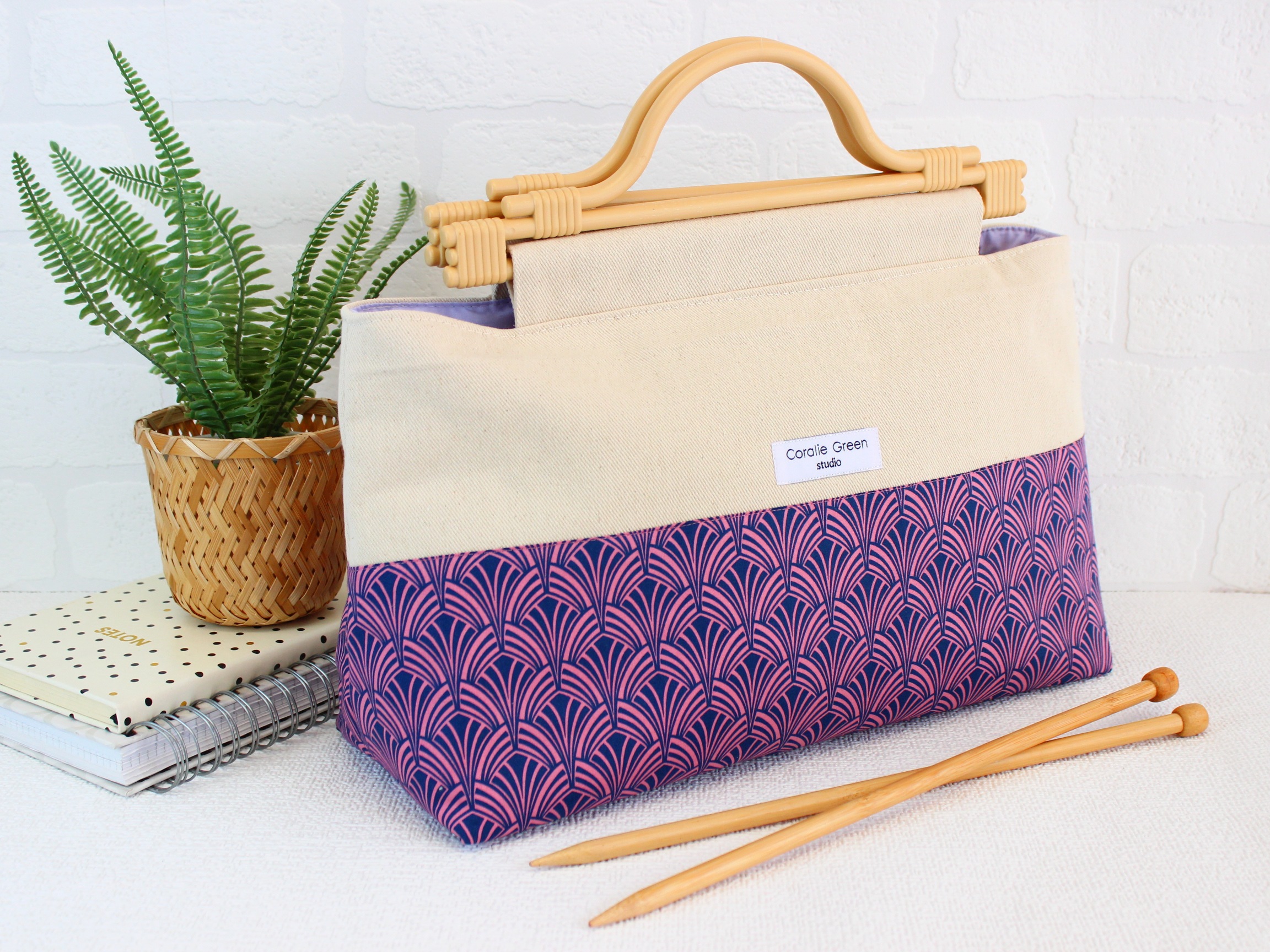 Large knitting bag- blue pink art deco