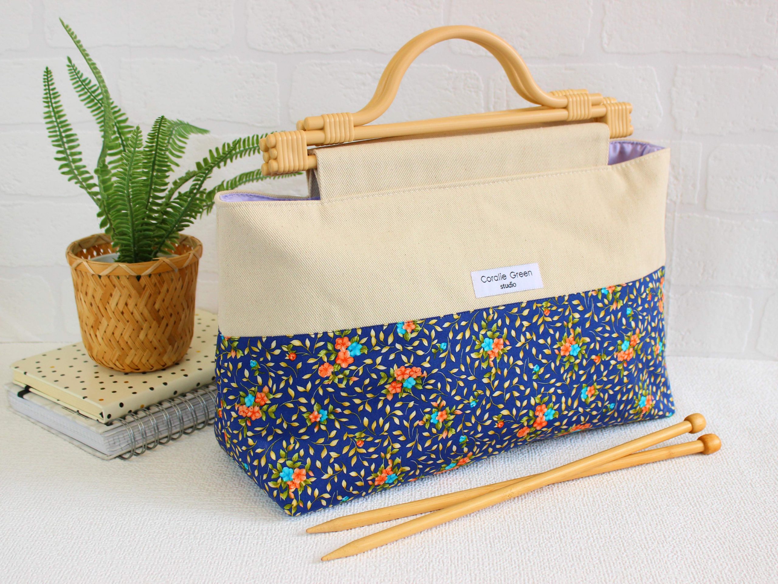 Large knitting bag- royal blue florals