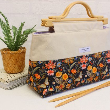 Large knitting bag- black botanicals with butterflies
